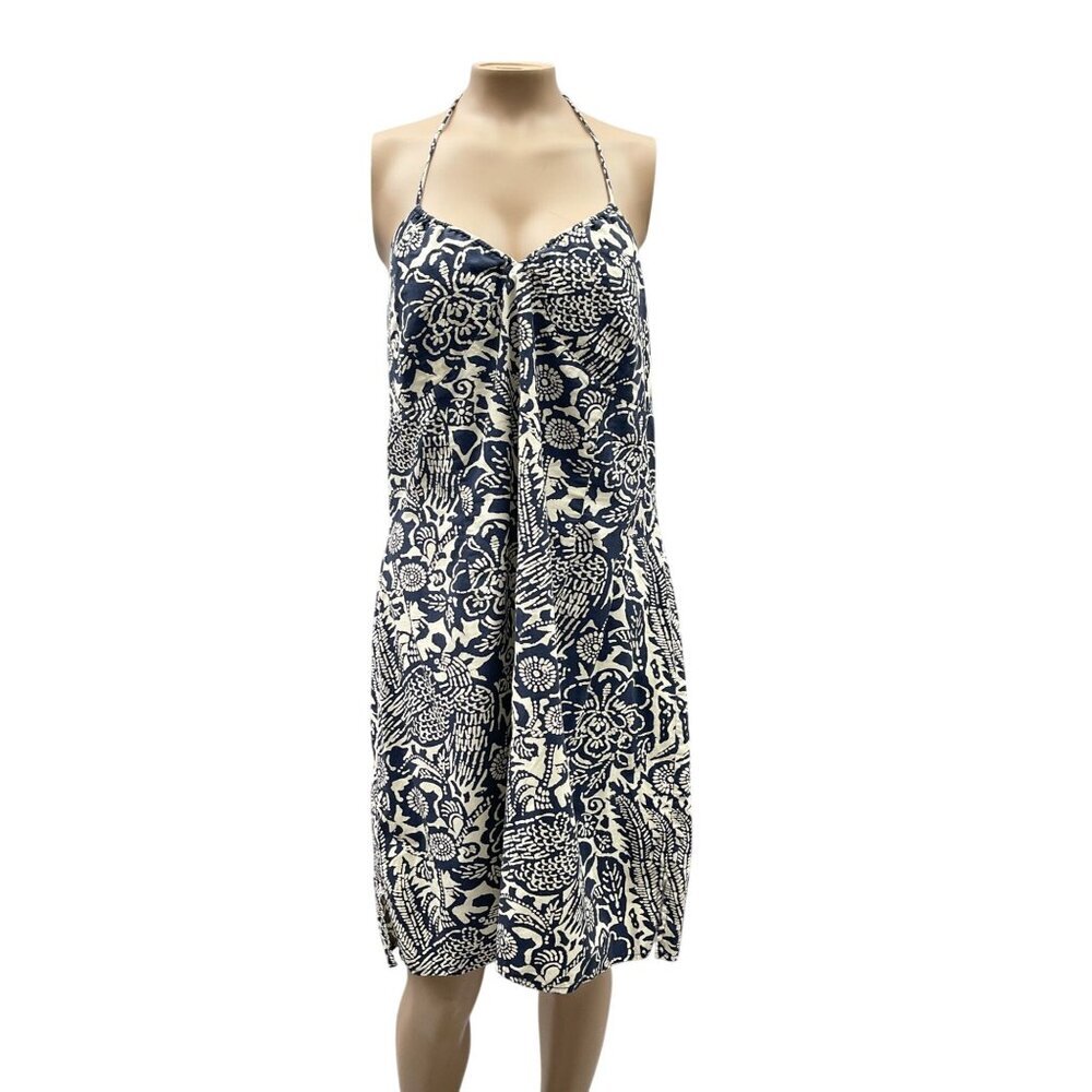 Vintage Old Navy Floral Print Halter Tie Backless Summer Dress Knee Navy White S